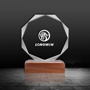 New Design High Quality Custom Laser Engraving Wooden Base Glass Crystal Trophy Award