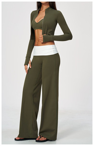 Conjunto Deportivo de 2 Piezas para Mujer, Top Corto sin Mangas de Poliéster Azul a Rayas, Pantalones Acampanados de Cintura Alta, Transpirable - Product Image 3