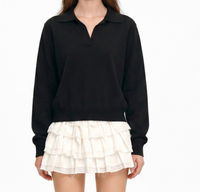 Pull en maille court pour femme, col polo, col en V, manches longues, couleur unie, élégant, décontracté, coupe ajustée, pour le quotidien et le bureau