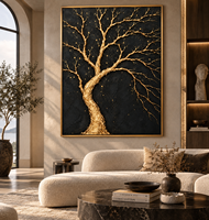 Dipinto su Tela 3D Fatto a Mano con Albero della Vita in Oro, Sfondo Nero, Arte Murale di Lusso per Decorazione Ingresso Hotel e Villa