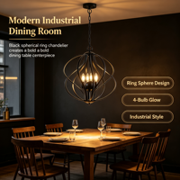 Lampu Gantung Cincin Bulat Hitam, Lampu Chandelier Kandang 4 Lampu Modern untuk Ruang Tamu, Ruang Makan & Foyer