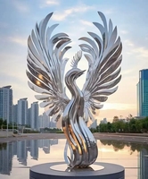 Sculpture de phénix en acier inoxydable, art paysager abstrait en métal, ailes irrégulières, montage au sol, fait main