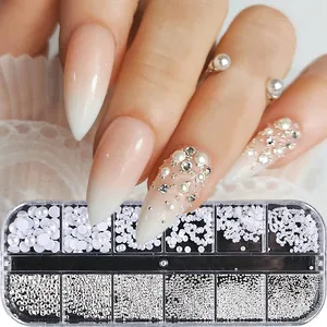 12 Rejillas de Decoración de Uñas con Perlas Blancas Semiredondas, Bolas de Acero Mini de Plata y Oro de Tamaños Variados, Remaches y Pedrería para Uñas - Product Image 2