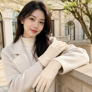 Gants d'hiver en cuir pour femmes, à doigts complets, thermiques, longueur poignet, couleur unie, élégants, pour tenue de cérémonie ou d'affaires - Product Image 1