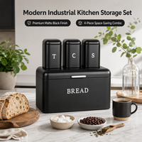 Boîte à pain moderne en métal noir, ensemble de rangement de cuisine 4 pièces avec des boîtes à thé, café et sucre