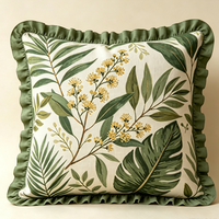 Housse de coussin en coton 100% à imprimé botanique vert premium avec volants unis, taie d'oreiller décorative tissée douce pour le salon