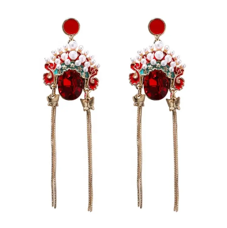 Pendientes chinos de la ópera de pekín tradicional, joyería, aretes colgantes largos de borla con perlas de cristal esmaltadas rojas