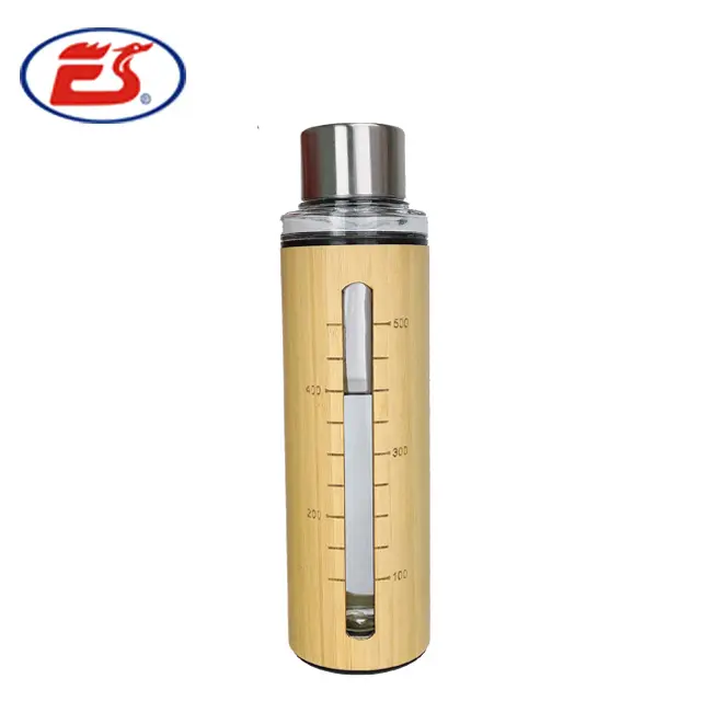2020 Label Pribadi 650Ml BPA Bebas Botol Air Kaca Bambu Luar dengan Skala