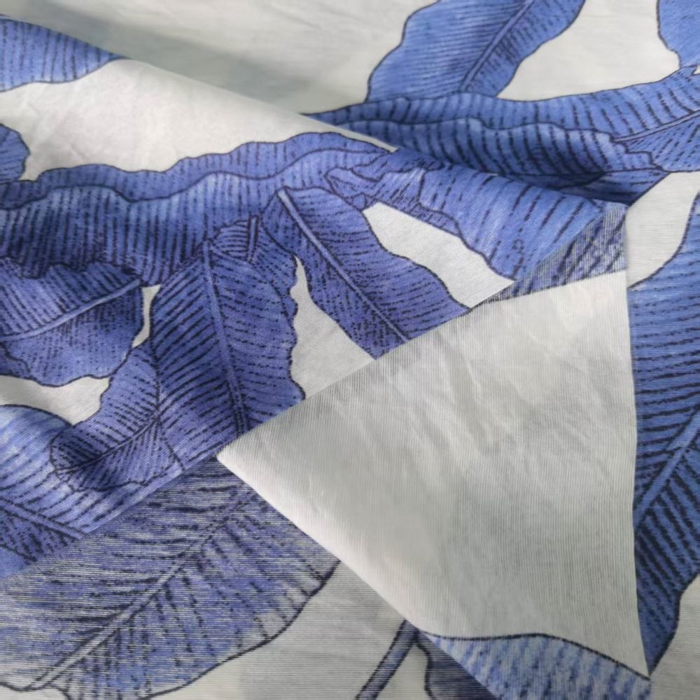 85%Rayon 15%Nylon Woven Blend Fabric 90GSM Oriental Leaves Print Lightweight Breathable Slightly Sheer Dresses Skirts for Girls