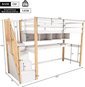 Grand <span class=keywords><strong>lit</strong></span> superposé mezzanine <span class=keywords><strong>en</strong></span> <span class=keywords><strong>bois</strong></span> <span class=keywords><strong>blanc</strong></span> de 90x200 cm avec étagères de rangement durables pour garçons et filles à l'école - Product Image 4
