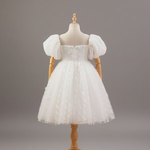 Vestido de tul blanco para niñas, manga abullonada, estilo minimalista, vestido formal de flores para niñas de 1 a 12 años - Product Image 3