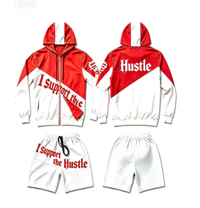 Conjunto de chándal transpirable de verano estilo chicano para hombre, con sudadera con capucha y cremallera, cortavientos y pantalones cortos a juego, con estampado gótico de letras. - Product Image 5