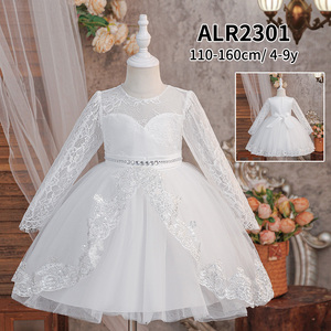 Abito da Principessa Bianco per Bambine, Vestito Lungo con Pizzo Floreale e Maniche Lunghe per Feste di Compleanno, <span class=keywords><strong>Abiti</strong></span> da Damigella per Bambine - Product Image 1