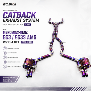 Sistema de escape Catback de titanio Boska de ajuste directo para Mercedes-Benz E63/E63S AMG W213 4.0TT 2016-2023 con control de válvula OEM de 1.2mm - Product Image 1