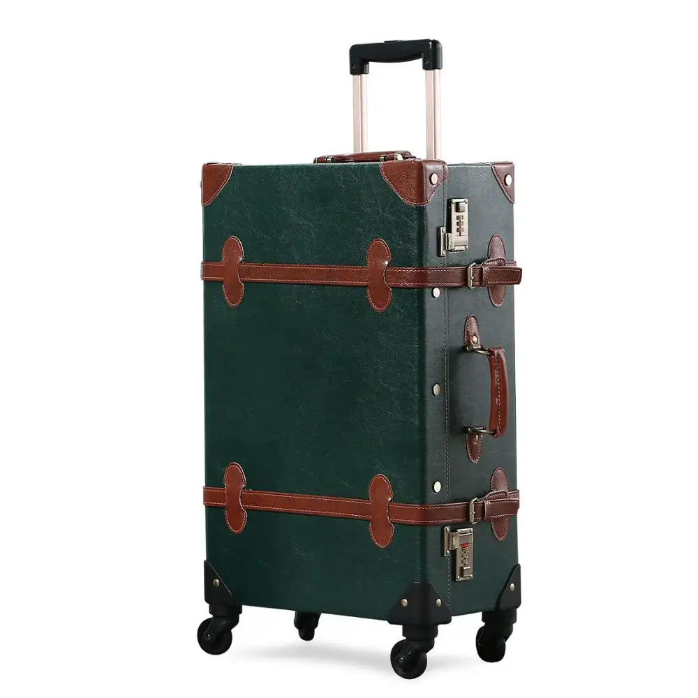 20 "-26" Donkergroen Vintage Koffer Pu Lederen Reizen Koffer, krasbestendig Rolling Bagage Met Universele Wielen