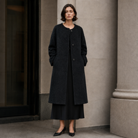 Manteau long décontracté sans col en mélange d'alpaga pour femme, élégant, en laine poilue, pour l'hiver, à bouton unique, épais, cousu main, couleur unie