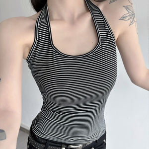เสื้อกล้ามถักลายทางสไตล์วินเทจ Y2K สำหรับผู้หญิง คอ halter แบบ U โชว์หลัง สวมใส่สบายๆ ออกกำลังกาย เดินทาง ใช้งานได้หลากหลาย เป็นมิตรกับสิ่งแวดล้อม แห้งเร็ว - Product Image 2