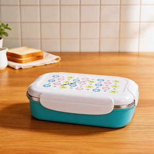 <b>Lunch</b> <b>Box</b> Rectangle Green Stainless Steel Airtight Lid With Flowers Pattern Student Use - Product Image 3