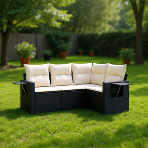 Ensemble de salon de jardin en rotin PE 4 pièces noir et crème, mobilier d'extérieur au design contemporain - Product Image 2