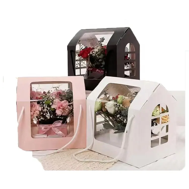 थोक कस्टम लक्जरी फूल बैग हाउस आकार बॉक्स पैकेजिंग गुलदस्ता हैंडल के साथ हैंडल के साथ