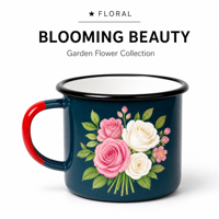 Mug de camping en émail avec logo personnalisé, vente en gros, tasse à café en métal réutilisable à bord roulé avec motif floral, design cadeau, vert armée