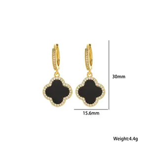 Acciaio inossidabile impermeabile placcato oro 18K bianco nero perla a quattro foglie forma di quadrifoglio cerchio orecchino
