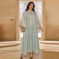 Abaya en polyester respirant et léger à imprimé feuilles et sequins, col en V, manches longues, longueur cheville, style Dubaï, Kaftan, Robe longue musulmane pour adultes