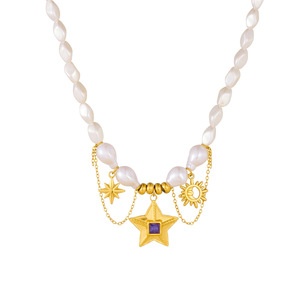 European American Sweet Cool Girl Star Necklace Imitation Pearl Gold Plated Purple Stone Party Fashion Jewelry - Product Image 5