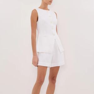 Nouveauté, vêtements en lin de haute qualité, hauts en lin décontractés à col rond pour femmes, shorts en lin à taille élastique, ensemble deux pièces - Product Image 2