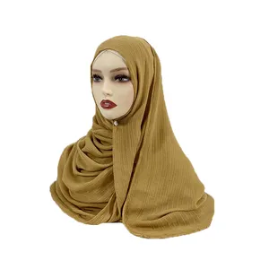 Diseñador étnico Islam rayas algodón tejido cuello bufanda rayón Jersey hijabs chal tejido para mujeres musulmanas color sólido mayoristas