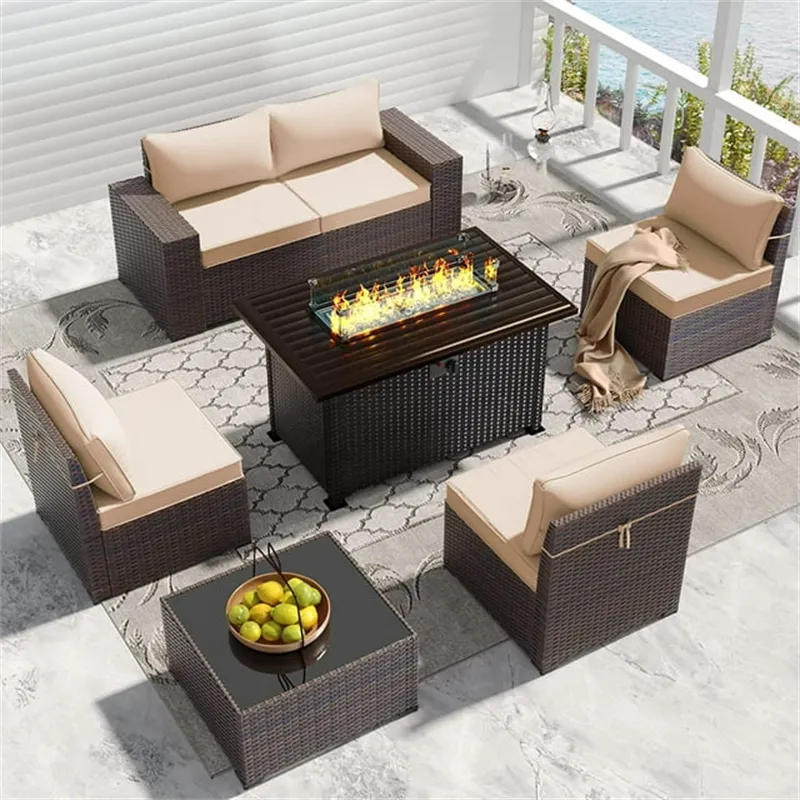 Alta qualità nordico mobili da esterno in rattan di plastica villa vimini patio giardino divano componibile con fuoco pit tavolo