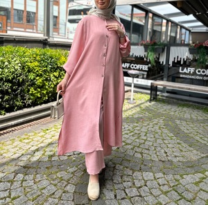 HANO Dubai Abaya Set Design Color sólido Blusa musulmana y <span class=keywords><strong>pantalones</strong></span> Conjunto Camisas Vestido musulmán Ropa islámica Mujeres Tops musulmanes largos - Product Image 2