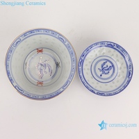 RZPU06-B-C Jingdezhen 블루와 화이트 레드 하나님 쌀 패턴 크레인 Gaiwan 차 컵 유약