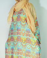 Abaya noire ample à imprimé Ikat turquoise avec ensemble hijab pêche, robe abaya musulmane modeste pour femme, tenue islamique décontractée