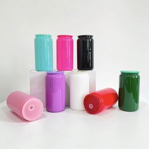 Vaso de Vidrio Borosilicato Reciclable de 16 oz, Color Sólido Brillante, con Tapas de Plástico PP y Pajita de Plástico Transparente para Envoltura UV DTF - Product Image 2