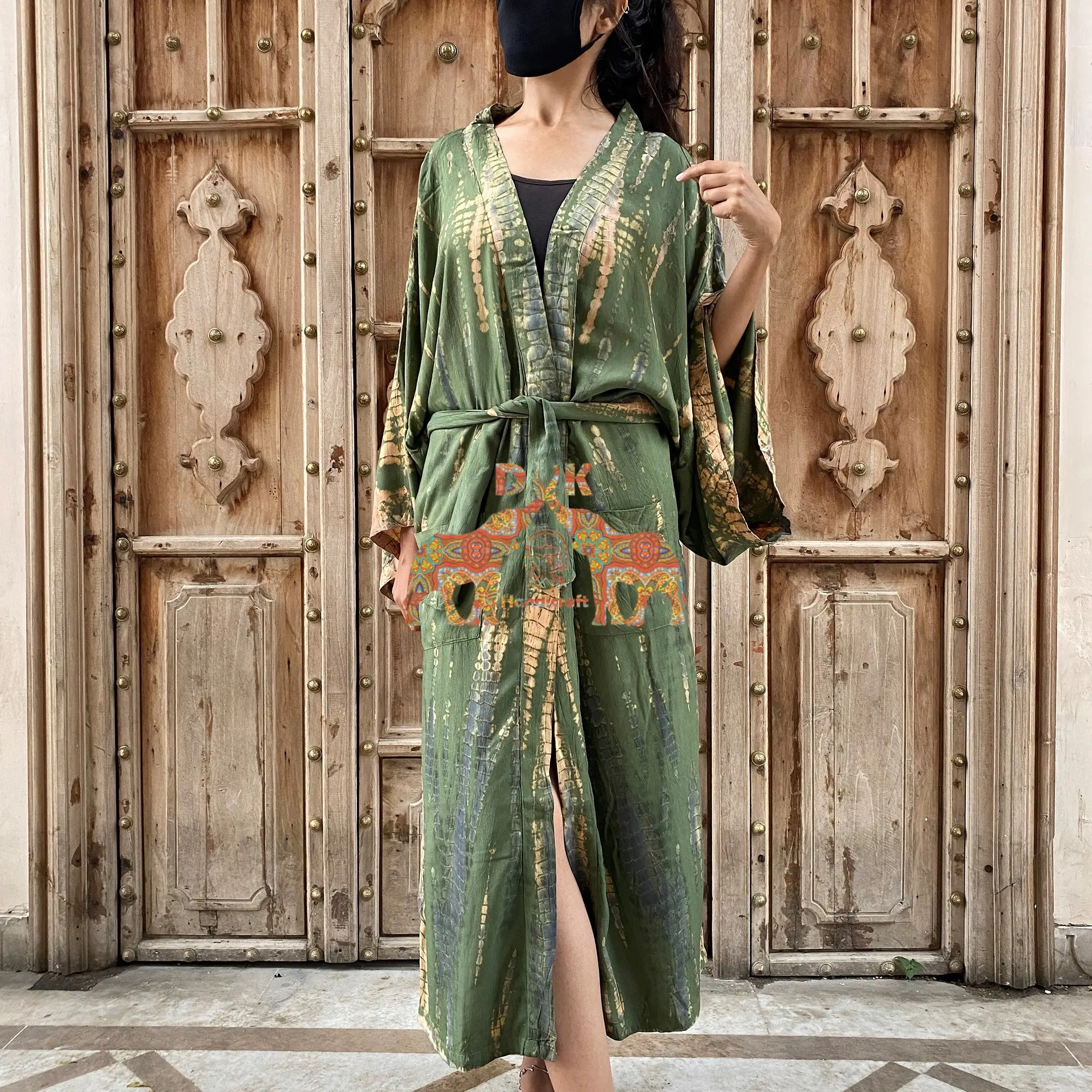 Bohemian Kimono Tie Dye Kaftan Maxi UNTUK WANITA Tangan Dicelup Baju Tidur Panjang Kebesaran Cover Ups