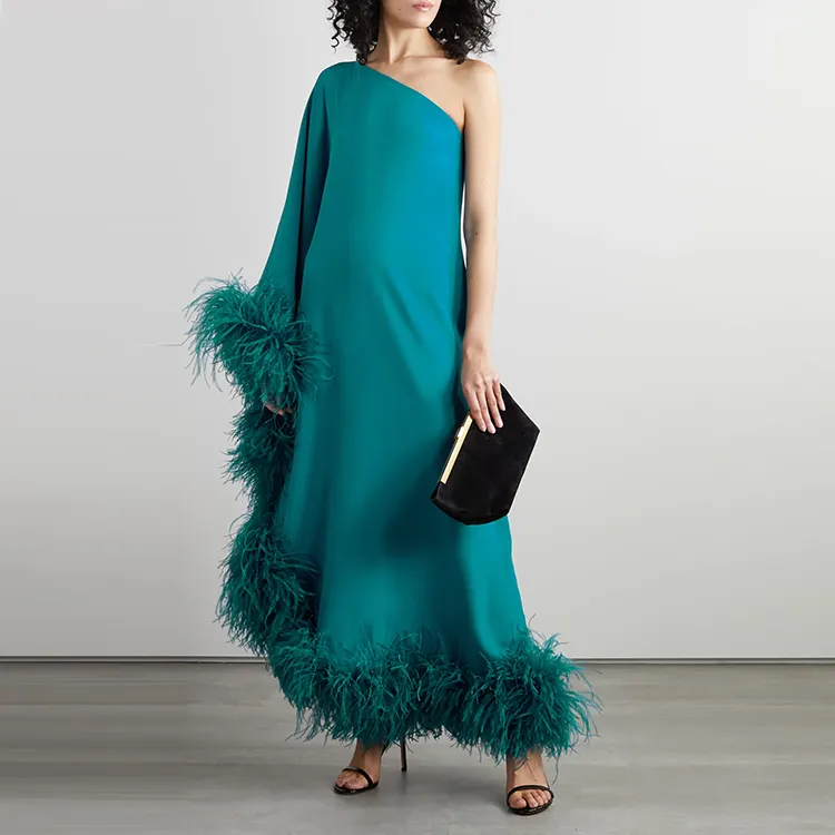 2023 Luxury Party Gowns Clothes Women Evening Robe Custom One Shoulder Fuzzy Fur Ostrich Feather Trim Long Crepe Silk Dress