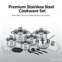 Set Peralatan Masak Stainless Steel Premium 18-Piece, Termasuk Casserole, Saucepan, Frypan, Tutup Kaca, Termometer, Gagang, Kompatibel dengan Induksi