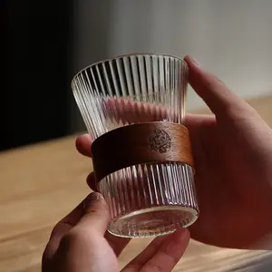 Seaygift日本立式条纹玻璃咖啡杯300毫升风琴腰带绝缘木环玻璃茶杯杯