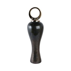 Vaso alto in vetro scultoreo con anello metallico superiore, accessorio decorativo per tavolo, soggiorno, vaso per fiori - Product Image 4