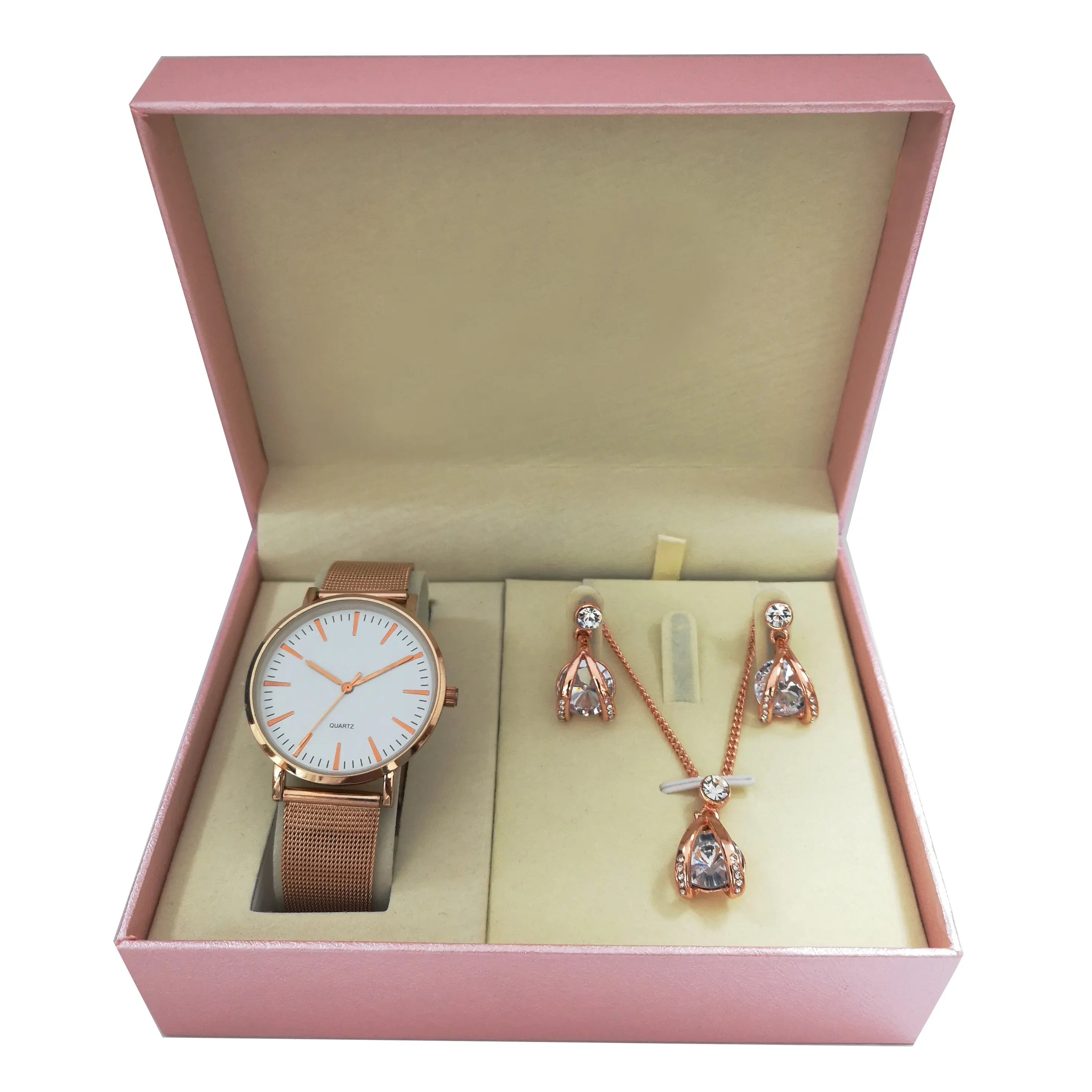 China factory hot sale promotion rose gold lady watch and jewelry set/ women silver watch and earrings and necklace gift set