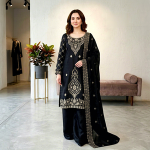 Conjunto de Traje Palazzo de Seda Negra con Bordado Intenso, Salwar Kameez Farsi, Atuendo Tradicional Pakistaní para Bodas y Fiestas - Product Image 1