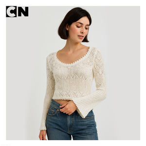 Fabricante de prendas de punto, suéter recortado de cuello redondo personalizado para mujer, suéter de punto de malla de ganchillo, suéter de verano para mujer - Product Image 3