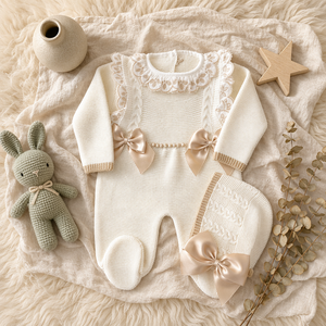 Tutina in cotone lavorato a maglia di lusso Kaiyue per neonate, con colletto in pizzo e piedini, <span class=keywords><strong>set</strong></span> con cappellino abbinato e fiocchi, tutina personalizzabile - Product Image 4