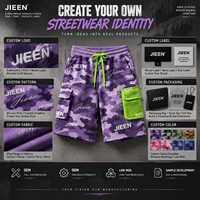 Shorts cargo streetwear personnalisés, fabricant de marques privées, shorts utilitaires camouflage violet, fournisseur de vêtements OEM ODM