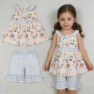 Ensemble 2 pièces d'été décontracté pour petites filles, motif ferme, en coton et élasthanne, avec volants, short et haut, tenue mignonne pour bébé fille - Product Image 3