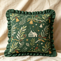 Housse de coussin en coton 100% à imprimé botanique vert premium avec volants unis, taie d'oreiller décorative tissée douce pour le salon