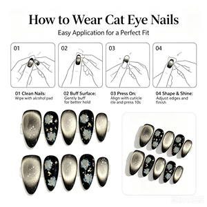 Uñas Postizas Largas Almendradas Hechas a Mano al por Mayor, Diseño Ojo de Gato Negro y Gris con Flor Blanca 3D y Lámina Dorada, Uñas Artificiales de Salón Personalizadas - Product Image 5