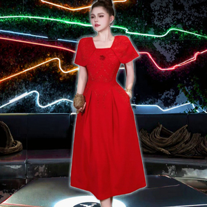 High Quality New Party <strong>Red</strong> <strong>Black</strong> Empire A-Line Polyester 2026 Spring Women Sexy Square Collar Beading Pocket Patchwork Midi <strong>Gown</strong> - Product Image 3