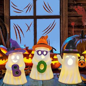 Lot de 3 figurines fantômes lumineuses LED « Boo » pour Halloween avec chapeau de sorcière et citrouille, lampe décorative de table pour Halloween, cadeaux de fêtes - Product Image 2